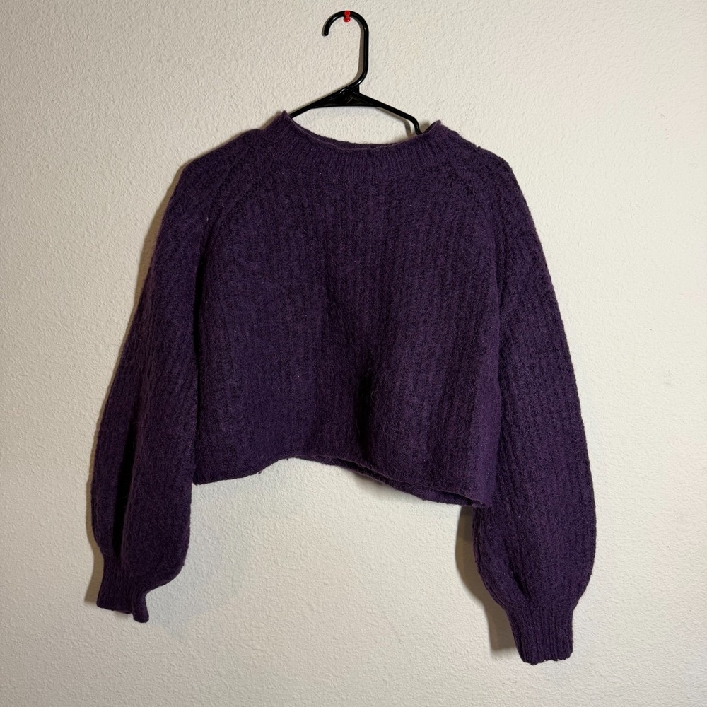 Zara‎ Crop Sweater Womens Medium Purple Knitted Ribbed Raglan Sleeve Pullover